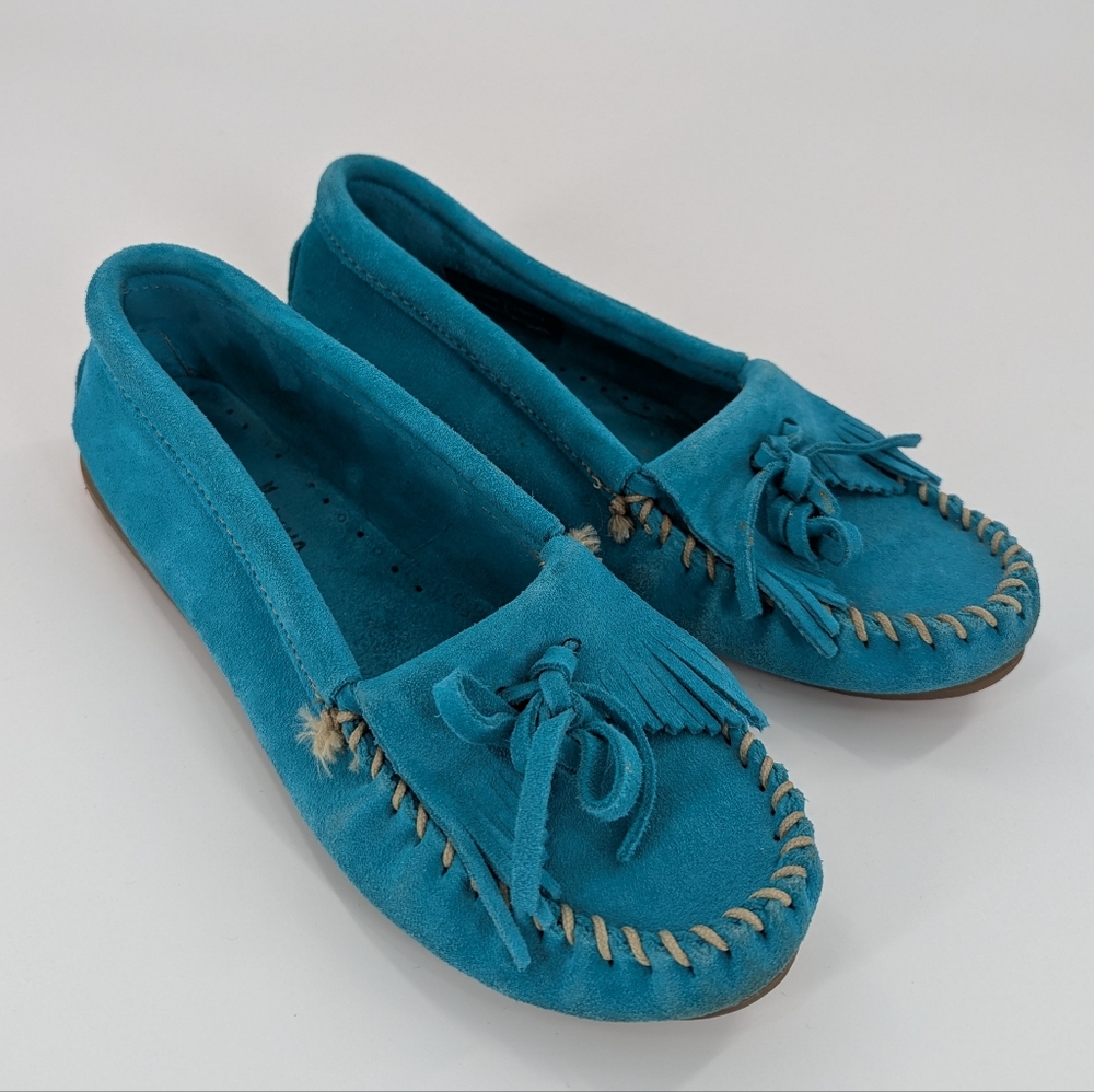 Minnetonka Kiltie Moccasins Suede 7 Turquoise Americana Comfort Festival Boho